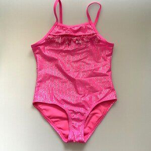 NEW KENSIE GIRL FOIL STRIPE RUFFLE TASSEL ONE PIECE SWIMSUIT